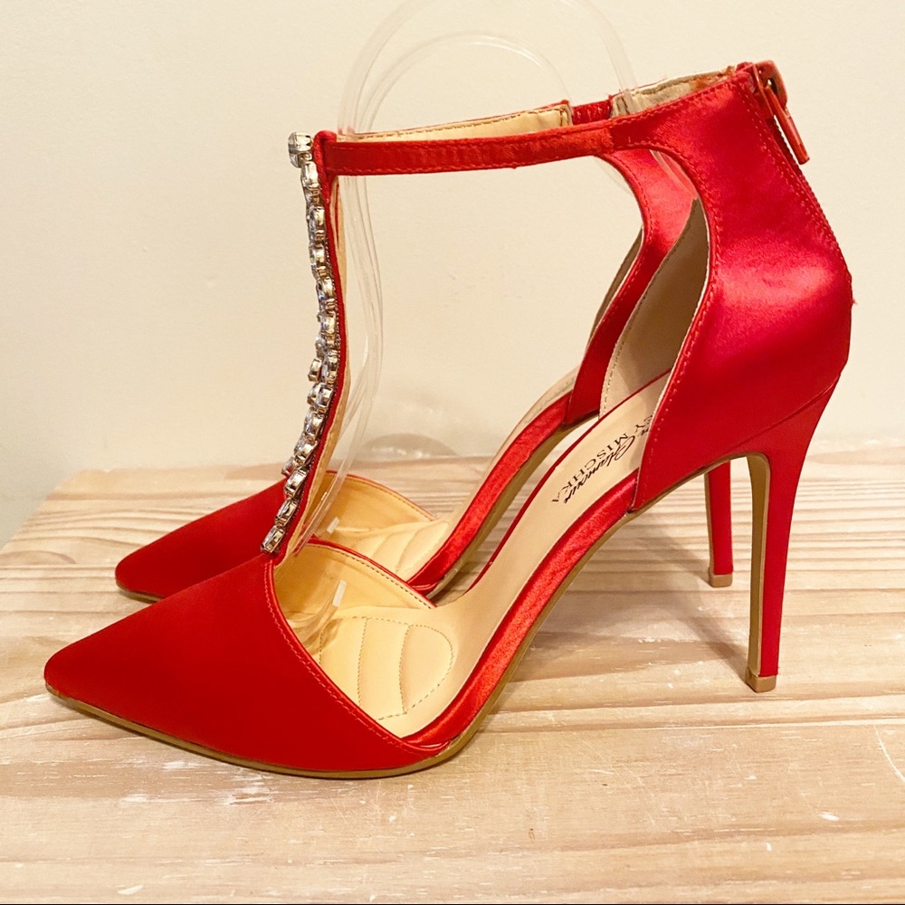 Badgley Mischka Scarlet Satin Heels with Crystal Accents - Picture 2 of 6